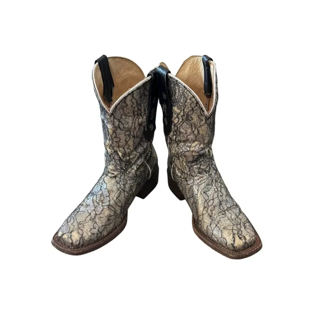Tanner Mark Kids Youth 4 Metallic Lace Western Cowboy Boots Silver Black
